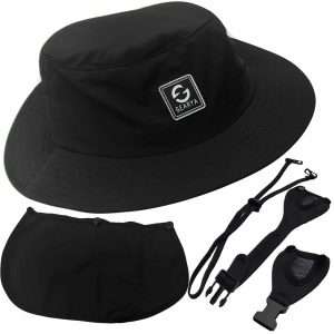 Black Surf Hat Bucket Hat with Removable Chin Straps Wind Cord and Neck Flap for Surfing, SUP, Wind and Water Sports for Men, Women, Teen