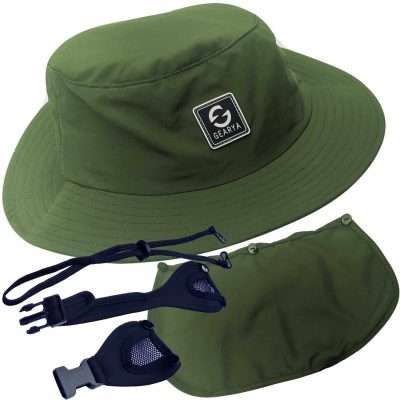Green Surf Hat Bucket Hat with Removable Chin Straps Wind Cord and Neck Flap for Surfing, SUP, Wind and Water Sports for Men, Women, Teen
